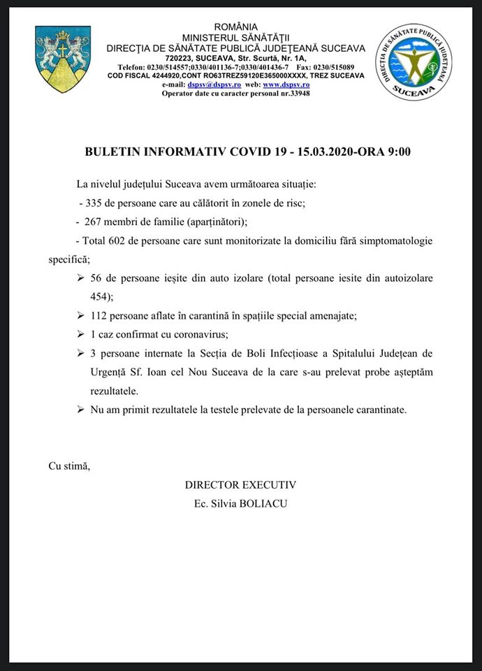 Actualizare DSP Suceava cu privire la Coronavirus